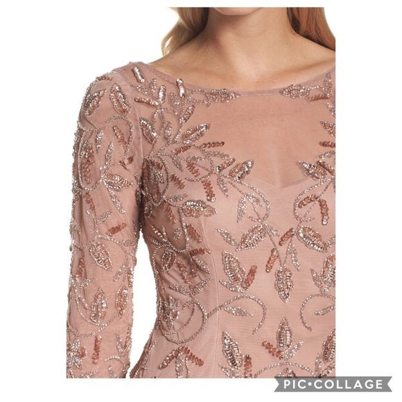 Adrianna Papell beaded Long sleeve rose gold godet dress - Picture 4 of 15